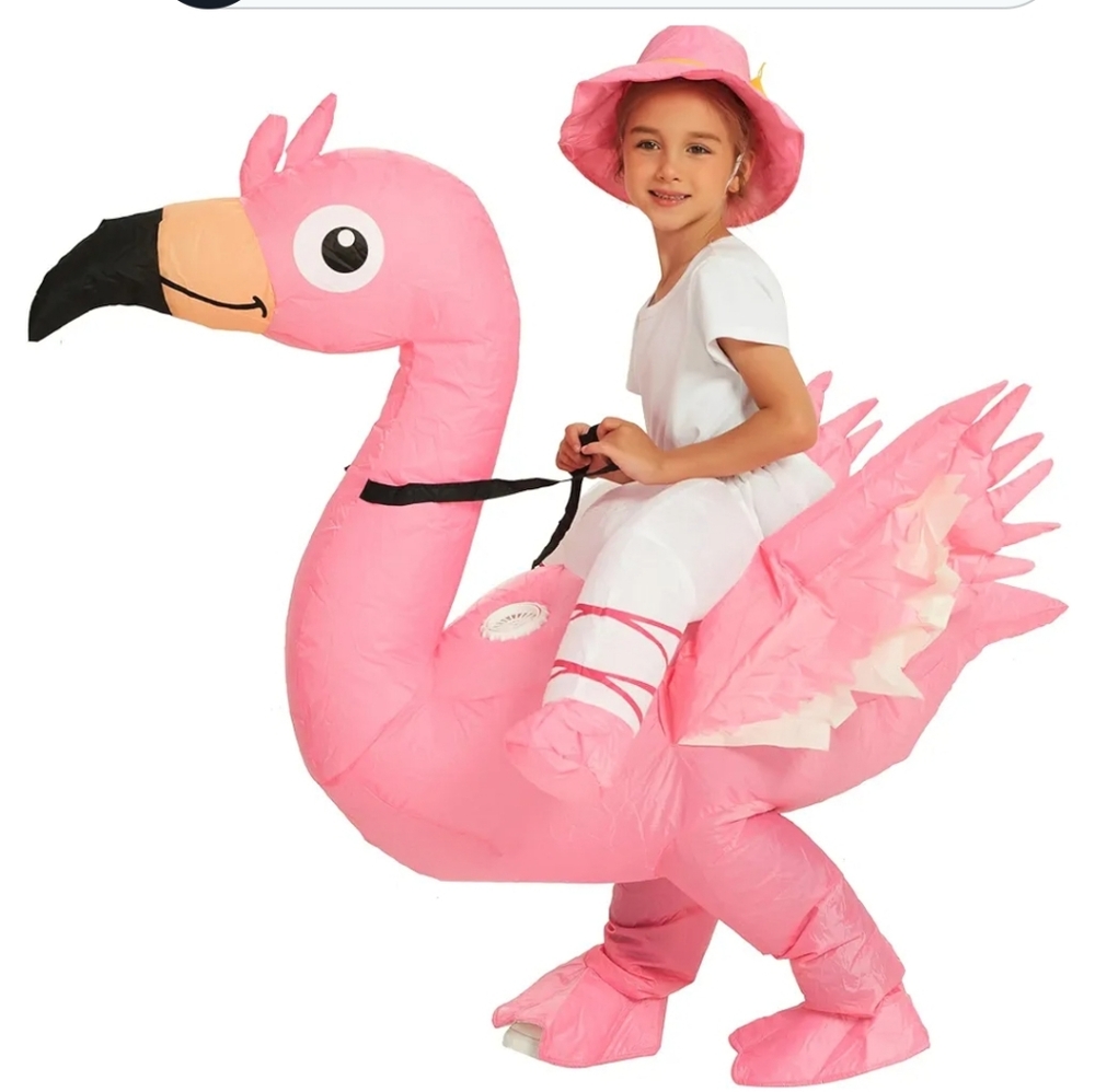 Riding inflatable flamingo costume (kids age 7-10) my 11 year old wore it.